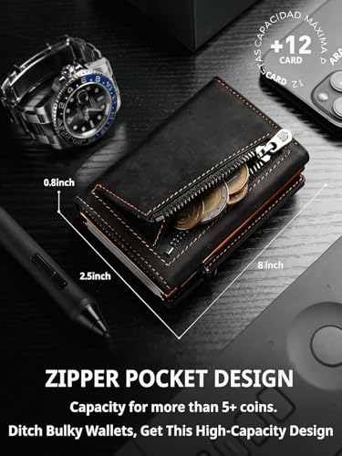 RFID Blocking Pop Up Wallet for Men, 100% Genuine Leather Slim Bifold, Aluminum Card Holder with ID Window, YKK Zipper Pocket, Minimalist Front Pocket Travel Wallet, Ideal Gift for Men, Black Orange