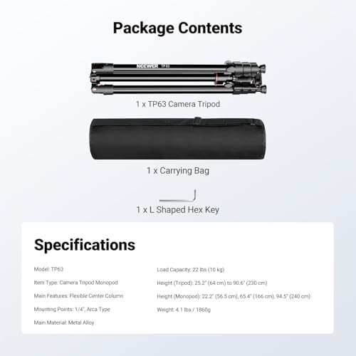 NEEWER Overhead Horizontal Camera Tripod Monopod with Ball Head & Flexible Center Column, 90 Inch Tall Metal DSLR Video Travel Stand, Arca Type QR Plate & Inverted Legs, Max Load 13.2 lbs, TP63