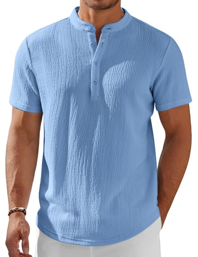 COOFANDY Men's Henley Shirt Short Sleeve Blue 3XL