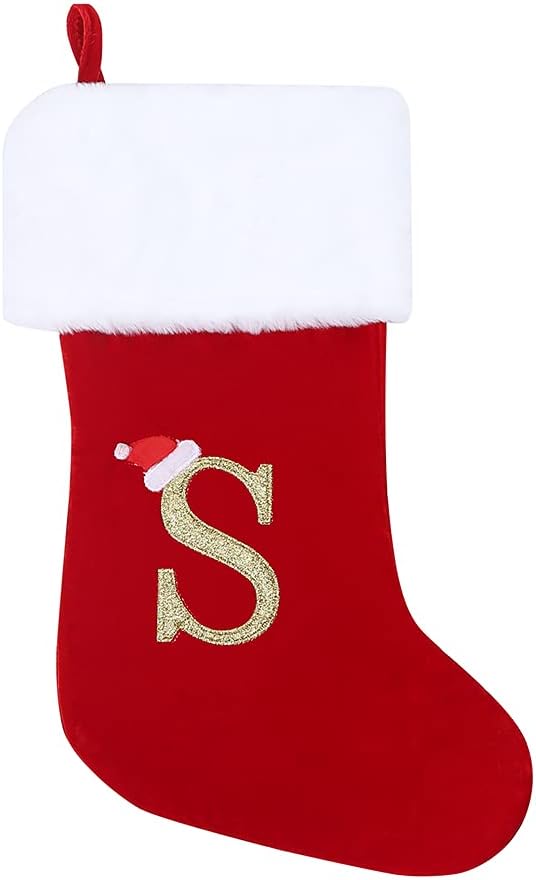 Stockings & Holders - CRSMHLPK 20 Inches Initial Christmas Stocking Monogram Embroidered Christmas Stocking Red Gray Velvet with White Super Soft Plush Cuffs Christmas Decorations Stocking C08-S-Red