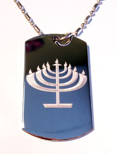 Menora Candle Stand Hanukkah Jew Jewish Judaism Religion Religious Logo - Military Dog Tag Luggage Tag Key Chain Metal Chain Necklace