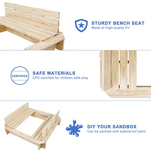 Wooden Sandbox With Canopy & Bench Seats - 45.3" X 45.3" Outdoor Kids Sand Box With Lid And Liner