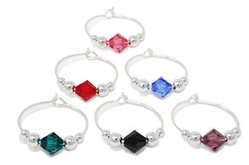 BRILLIANCE Swarovski Crystal Wine Charms (Set of 6) by Claim Your Glass - Premium Drink markers for stemmed Wine, Champagne, Martini Glasses - Includes Storage Case + BONUS Velveteen Bag (SILVER)