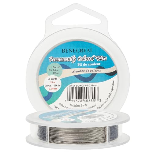 BENECREAT 19 Strands Bead String Wire (0.015 inch/0.38mm, 49FT) Nylon Coated Stainless Steel Beading Wire for Necklace Bracelet Making, LightGray