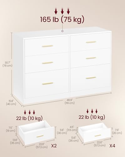 VASAGLE Custos Collection - Dresser for Bedroom, Chest of Drawers for Closet, Modern Style, TV Stand for Living Room, 6 Drawers, 40 x 119 x 78 cm, Cloud White ULTS416WB03