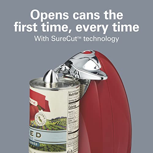 Hamilton Beach Electric Automatic Can Opener with Auto Shutoff, Knife Sharpener, Cord Storage, and SureCut Patented Technology, Extra-Tall, Red