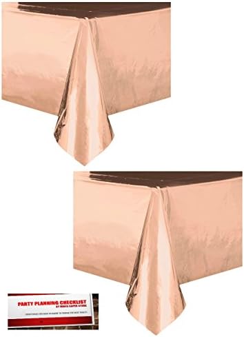 2 Pack - Rose Gold Shiny Plastic Table Covers 54 x 108 inches (Plus Party Planning Checklist by Mikes Super Store)