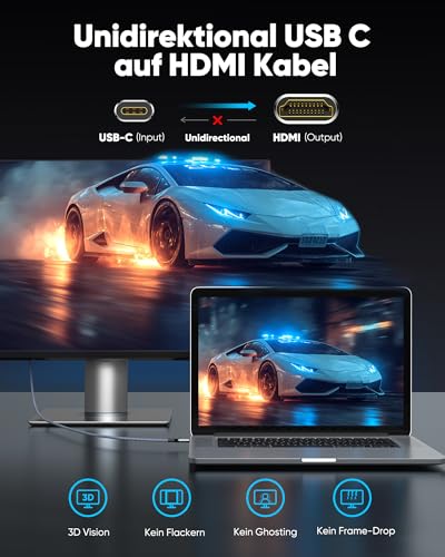 Highwings USB C to HDMI Cable 4K @ 60Hz 1.8 m, Type C HDMI UHD Thunderbolt 4/3 Compatible with iPhone 17/16/15 Pro Max, for MacBook Pro/Air, for iPad Pro/Air, for Surface, for Galaxy etc