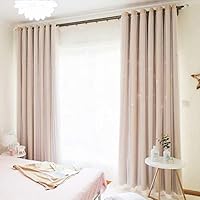 Macohome Star Hollow Curtains Girls Bedroom 2 Panels Room Darkening Draperies with Voile Sheer, Beige, 100 x 102 inch x 2 Panels(NOT Full Blackout)