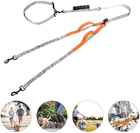 UgBaBa Hands Free Dog Leash for Walking Running Training Jogging,Heavy Duty Double Shock Absorbing Bungee Dog Leash Kit for 2 Dogs,Adjustable Waist Belt,Reflective, 3 Handles for Extra Control