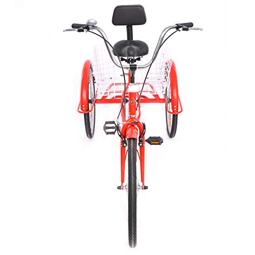 YiiYYaa Adult Tricycle Trike Cruise Bike, 24 Inch Wheel Single Speed 3 Wheeled Bicycle with Large Size Basket for Recreation, Shopping, Exercise (Red)