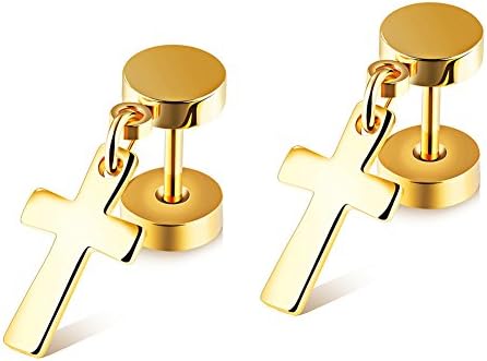 Stainless Steel Gold Tone Double Side Screw Stud Earring Dumbbell Cross Pendant Women Men