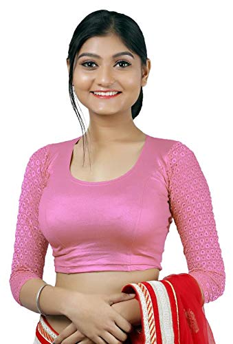 gebisha fashion women's lycra blouse net designs 3/4th sleeve round neck plain blouse