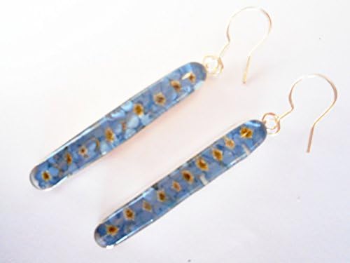 925 Silver Dry Pressed blue flowers Round Dangle Earrings in forget-me-nots