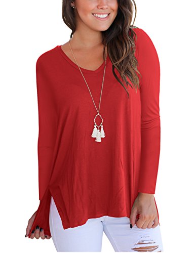 Casual Tops for Women Long Sleeve T Shirts V Neck Blouses Solid Red L