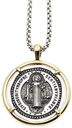LESLIE BOULES Vintage Saint Benedict Medal Necklace for Men 22 Inches Length Protection Jewelry