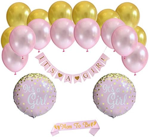 Baby Shower Decorations for Girl - It's a Girl Banner - with Pink and Gold Foil Latex Balloons and Mom to Be Sash - Baby Girl Shower Decoration - (20 Pieces)
