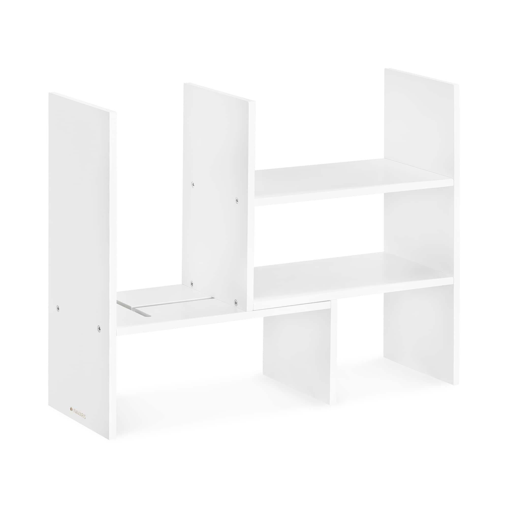 Navaris Desk Organiser Shelf Unit - Desktop Shelves for Table or Countertop - Free-Standing Adjustable Bamboo Shelving for Kitchen or Office - White
