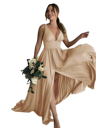 BABYONLINE D.R.E.S.S. Cocktailkleid für Damen, schick, lang, Empire-Taille, V-Ausschnitt, rückenfrei, mit Schlitz, gold, 38