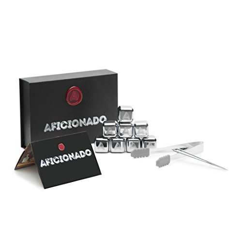 Aficionado Steel Chilling Cubes: Includes 8 Stainless Steel Cubes, 2 Metal Garnish Sticks, Metal Nonslip Tongs, Plastic Reusable Freezer Case & Color Recipe Book: Comes in a Premium Gift Box