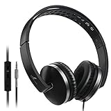 Foldable Headphones with Microphone, Vive Comb Stereo Lightweight Adjustable PC Headset Wired Headphones with Volume Control for Tablet, Smartphones, Video Game, Laptop-Black