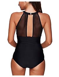 SouqFone Traje de baño de una pieza para dama, cuello alto, cuello en V de malla, monokini, control de barriga