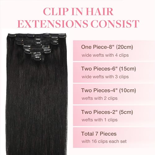GOO GOO Clip in Hair Extensions, 50 cm 120 g 7 Pieces, 1B Natural Black, Clip in Human Hair, Remy Human Natural Clip in Hair Extensions