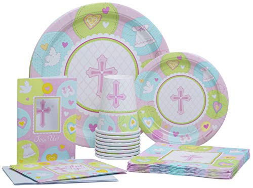 Sweet Christening (Pink) Pack! Disposable Paper Plates, Napkins, Cups and Invite+Thank You Cards Set for 15 (With free extras)