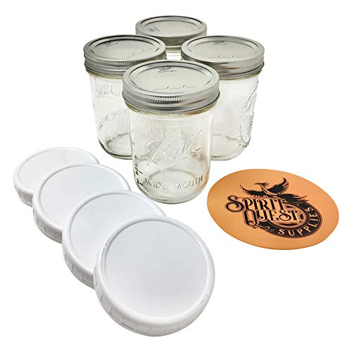 Ball Pint Mason Jars with Storage Lids and Jar Opener - Bundle Pack of 4 16 oz Wide Mouth Jars, 4 Storage Caps, and 1 Spirit Quest Supplies Large Jar Opener