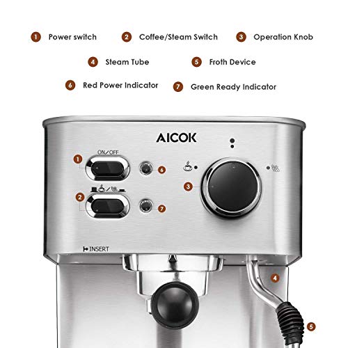 Aicok Espresso Machine, 15 Bar Espresso and Cappuccino Machine with