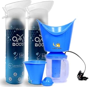 FASTDEAL OXY BOOST Natural Portable Oxygen Cylinder Can with Inbuilt Mask (9 Litre) (160 Breaths Approx), FREE 3 In 1 Steam Vaporizer,Facial Steamer Nose Steamer (PACK OF 2 OXYGEN CAN WITH FREE VAPORIZER)