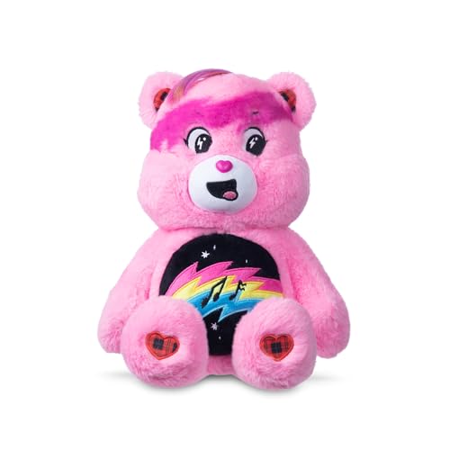 Basic Fun Care Bears 22cm Rock Theme Plush – Cheer Bear Eco-Friendly Soft Toy with Lightning Belly Badge – Collectible Plush for Kids & Fans, Pink, 35.56 cm