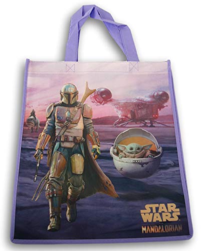 The Mandalorian with the Child, Baby Grogu Reusable Tote Bag (Purple ) - 13.5 x 15 Inch