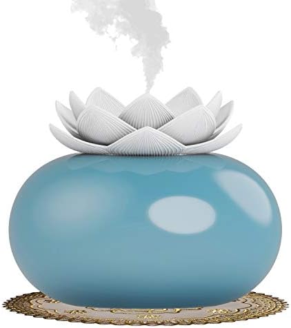 YJY Flower Essential Oil Diffuser Decorative Aromatherapy Diffuser, Cute Lotus Ceramic Humidifier Crafts Ornaments, USB Timer 12 Hours Portable for Home Bedroom Office Yoga SPA(White+Blue)