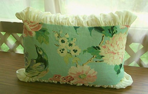 Custom Linen Blue and Pink Floral Throw Pillow - Large Ruffled Bird Pillow - Green and Blue Bed Pillow Cushion with Insert