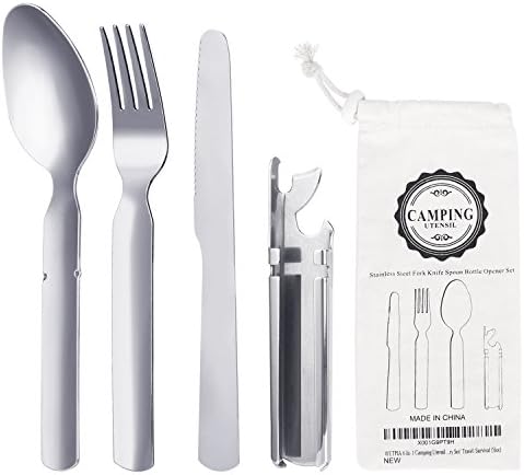 WETPIA 4-In-1 Camping Utensil Stainless Steel Fork Spoon Knife Bottle Opener Set for Camping Cutlery Set/Travel/Survival with Storage Case