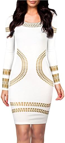 CARVIAN Women's Cut Out Long Sleeves Kim Egypt Gold Foil Print Bodycon Cocktail Dress,XX-Large,White