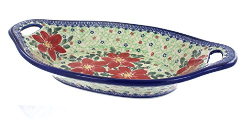 Blue Rose Polish Pottery Pointsettia Bread Tray with Handles