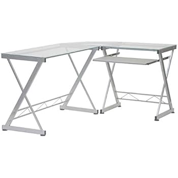 Tempered Glass L Shape Corner Desk With Pull Out Keybaord Panel. Color: Clear