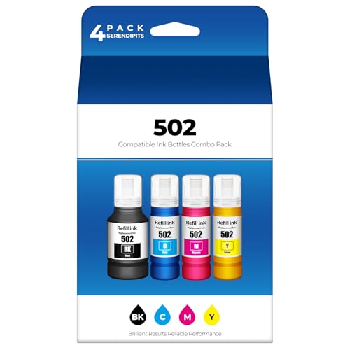 502 Ink Refill Bottles ET-2850 ET-3850 ET-15000 ET-4850 4 Pack 502 Ink Compatible with ET 2850 ET 3850 ET 15000 ET2850 ET3850 ET-2980 ET-3843 ET-3950 ET-4950 ET-4760 ET-2760 ET-3830 Printer Ink T502