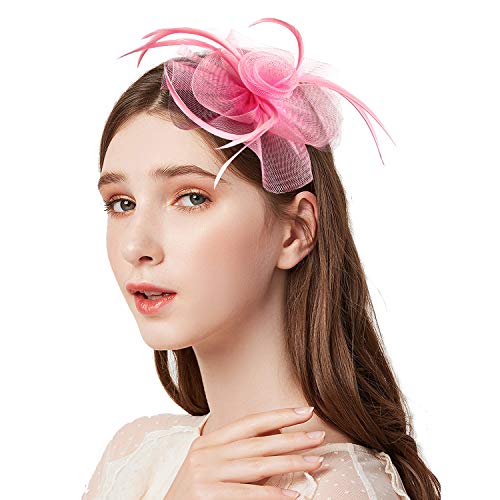 Acecharming Fascinators for Women, Feather Sinamay Fascinators with Headbands Tea Party Pillbox Hat Flower Derby Hats(Pink) - Thumbnail 2