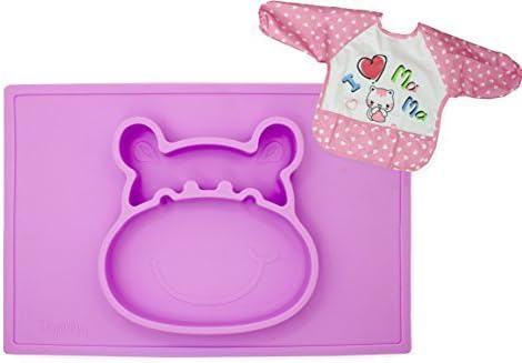 Baby Silicone Placemat for Toddlers and Kids Heat Resistant One-piece Hippo Feeding Plate/bowl designed to Suction & Fit All Chairs and Trays & Matching Bib With Sleeves (pink)-12 month warranty