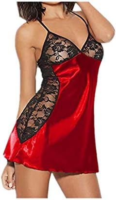 Lace Stitching Nightdress,Women Satin Negligee Babydoll Lingerie Night Dress Lingerie Nightdress Sleepwear Underwear Short Strap Dress V Neck S-3XL Fannyfuny