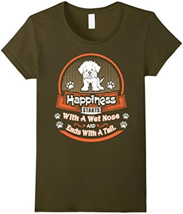 Womens Happiness Starts Wet Nose Ends Tail Maltese Dog Tshirt Small Olive