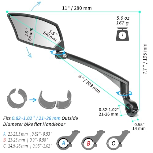 BriskMore Handlebar Bike Mirror - Crystal Clear HD Glass, 360° Adjustable&Foldable Mirror for Safe Riding, Wide Angle Rearview for E-Bikes, Mountain Bikes & Scooters,Bicycle Mirror