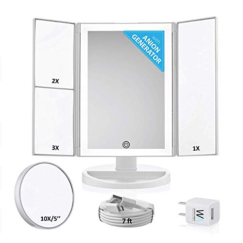 WONDER MIRROR 2019 Led Lighted Trifold Makeup Mirror w/Built-in Air-Vitamin Anion Generator for Ionic Conditioning + Big 10x Magnification Mirror w/Suction-Cups + Charger w/Long 7 ft Cord