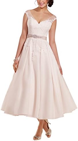 LadyFirst Women's Ankle Length Cap Sleeve V-Neck Lace Wedding Gown Lvory 26w