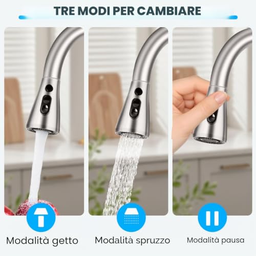 Kitchen Sink Tap with 3 Modes, Kitchen Mixer Tap with Pull-Out Shower, 50 cm, 360° Swivel Spout, SUS 304 Kitchen Tap, Kitchen Taps with G3/8 Inch Connection