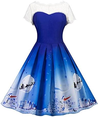 dressing up costumes christmas dress Hirolan Women's Cocktail Dress christmas decorations sale clearance christmas pattern slim fit retro o-neck short sleeve pleated lace vintage swing dress (Blue, L)
