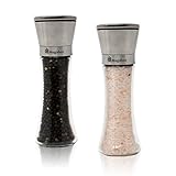 Set of 2 Modern Salt and Pepper Grinder Set (6-oz Capacity) - Made of Stylish, Brushed Stainless Steel - 5-Grade Adjustable Ceramic Grinder Rotors from Fine, Medium to Coarse - by Mugaben